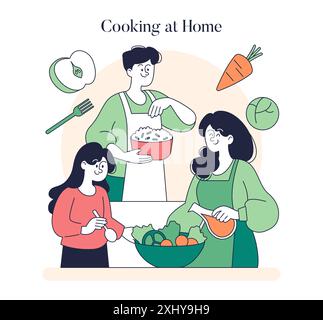 Concept de régime pauvre en histamine. Famille préparer un repas avec des ingrédients sans histamine pour une alimentation saine. Cuisiner à la maison, nourriture saine. Illustration vectorielle. Illustration de Vecteur