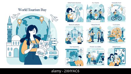 Concept de Journée mondiale du tourisme. Célébrer l'esprit du voyage à travers des attractions mondiales, des expériences culturelles et des pratiques durables. Illustration vectorielle. Illustration de Vecteur