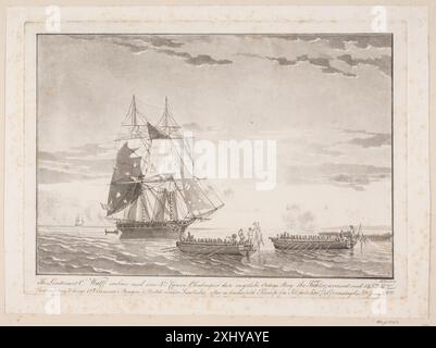 Un aquatinte de Niels Truslew représentant la capture danoise du brick anglais The Tickler le 3 juin 1808, montrant les navires, l'équipage et le combat naval au début du XIXe siècle. Banque D'Images