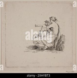 Gravure de Marie Jeanne Clemens représentant Pasiphae avec le Minotaure, illustrant les figures mythologiques, la composition et l'anatomie détaillée. Banque D'Images
