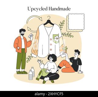 Concept Upcycled Handmade. Les gens créatifs s'engagent dans la mode durable, fabriquant un vêtement unique à partir de matériaux recyclés. Transformation des vêtements respectueuse de l'environnement. Illustration vectorielle. Illustration de Vecteur