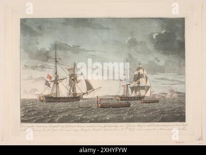 Un aquatinte de Niels Truslew représentant le brick anglais Seagull après un engagement naval avec le brick danois Lougen le 19 juin 1808, montrant les navires, les dommages et la composition maritime. Banque D'Images