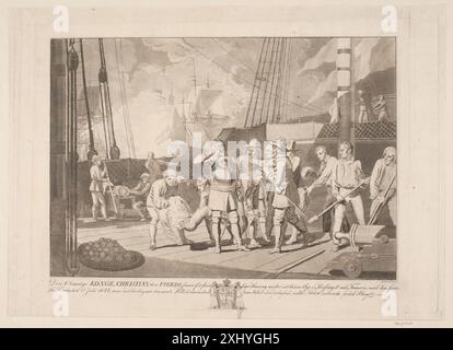 Une aquatinte de Niels Truslew représentant Christian IV pendant la bataille maritime de Fehmarn en 1644, montrant des navires, des actions navales et des paysages côtiers. Banque D'Images