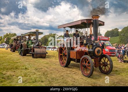 Storrington / Royaume-Uni - 13 juillet 2024 : moteurs de traction à vapeur à Sussex Steam Fair. Devant se trouve Burrell Tractor 3786 'Tiger'. Construit en 1918. Banque D'Images