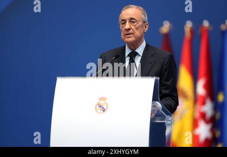 Le président du Real Madrid Florentino Perez avant la présentation du nouveau joueur du Real Madrid Kylian Mbappe au stade Santiago Bernabeu de Madrid, en Espagne. Date de la photo : mardi 16 juillet 2024. Banque D'Images