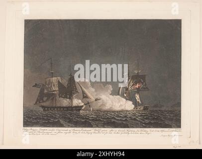 Un aquatinte de Niels Truslew représentant une bataille navale entre le brick danois Lougen et un brick anglais le 14 mars 1808, montrant les navires, l'équipage et l'action de combat dans la gravure maritime du début du XIXe siècle. Banque D'Images