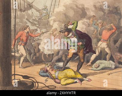 Aquatinte de Niels Truslew représentant Cort Adeler tuant l'amiral turc, montrant des combats navals, des navires, des figures et des armes dans la scène de bataille. Banque D'Images