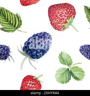 Modèle sans couture avec des mûres, des fraises, illustration à l'aquarelle des mûres et des fraises avec des feuilles, dessinées à la main. Banque D'Images