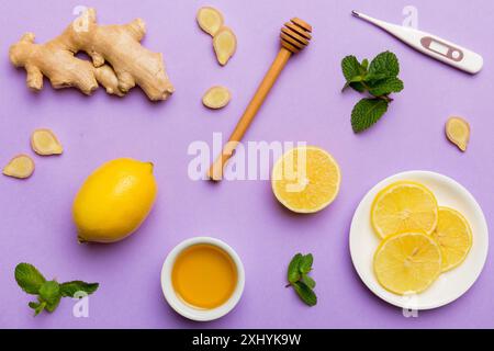 Remèdes maison naturels contre le rhume et la grippe et thermomètre.Ingrédients naturels pour la stimulation de l'immunité et la protection contre les virus. Vue de dessus plat. Banque D'Images