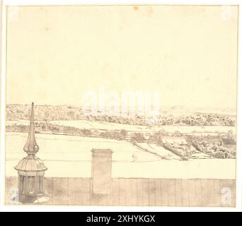 Toit de Frederiksborg Château avec vue sur le lac, la ville et la forêt Købke, Christen 1810 - 1848 dessin Nye optikker på dansk guldalder : rejsebilleder og det fotografiske blik, Karina Lykke Grand, Ill. nr. 31 i del II, Ill. + omt. P. 167, C 47481 du 2011. Au-delà de la lumière. Identité et place dans l'art danois du XIXe siècle, Freyda Spira, pls. 12, p. 105, 2023 Roof Ridge du château de Frederiksborg avec vue sur le lac, la ville et la forêt Banque D'Images