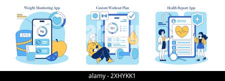 Jeu d'applications de santé. Outils numériques pour le suivi du bien-être, la personnalisation de l'entraînement et les rapports médicaux. Interfaces mobiles interactives avec des conceptions conviviales. Illustration vectorielle. Illustration de Vecteur