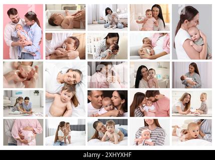 Familles heureuses. Mères avec bébés et femme enceinte, collage photo Banque D'Images