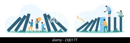 Gestion proactive des crises, stratégie de réussite définie. De minuscules personnes construisant le mur de briques pour éviter l'échec des affaires, travailler sur l'idée d'arrêter l'effet de chute de domino, surmonter l'illustration vectorielle de dessin animé de crise Illustration de Vecteur