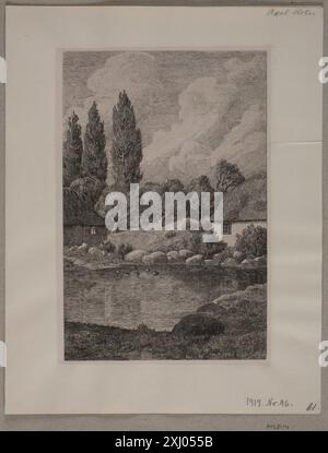 Gravure d'Axel Holm représentant deux fermes au bord d'un lac avec des canards, montrant l'architecture rurale, l'eau, les arbres et le paysage danois des XIXe et XXe siècles. Banque D'Images