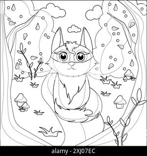 Coloriage pour enfants et adultes. Livre à colorier sirène. Personnage de renard mignon dans l'illustration de bande dessinée de forêt. Flore et faune, nature. Contour de dessin animé Banque D'Images