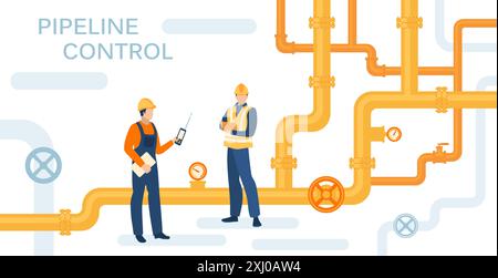 Travailleurs du pétrole et du gaz. Ingénieurs oléoducs. Pipelines et pompes. Ressources énergétiques. Industrie des produits combustibles. Travailleurs de la production d'essence Illustration de Vecteur