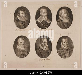 Portraits de Jesper Rasmussen Brochmand, Holger Rosenkrantz, Hans Poulsen Resen, Christen Sørensen Longomontanus, Ole Worm et Caspar Bartholin pas, Simon de 1595 - 1647, Haelwegh, Albert 1598 - 1673 gravure sur cuivre, impression Danske portrætter i kobberstik, litografi og træsnit : en beskrivende fortegnelse, P.B.C. Westergaard, kopier efter NR. 1606, 9985, 9712, 7231, 13282 og 618, C 3997:1-2 da, 1930-1933 Portrætter af Jesper Rasmussen Brochmand, Holger Rosenkrantz, Hans Poulsen Resen, Christen Sørensen Longomontanus, Ole Worm og Caspar Bartholin Banque D'Images