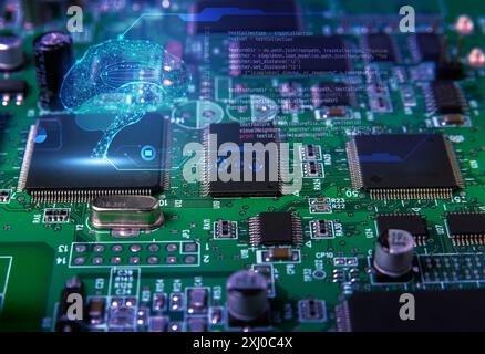 Concept d'intelligence artificielle avec micropuce et superposition numérique du cerveau. Représente l'IA, la technologie, l'innovation et l'apprentissage automatique. Banque D'Images