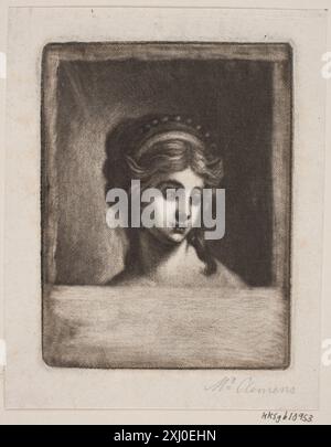 Mezzotint de Marie Jeanne Clemens représentant la tête d'une femme, montrant les traits du visage, la coiffure et le style portrait du XVIIIe siècle. Banque D'Images
