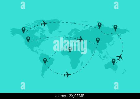 Fond vectoriel de carte du monde avec avion, lignes pointillées et icônes d'emplacement, autour du monde via le concept de voyage d'avion. Illustration de Vecteur