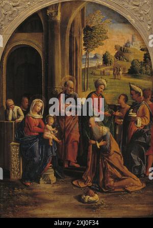 Peinture Renaissance d'Ortolano (1487-1525) et Benvenuto Tisi da Garofalo (1481-1559) représentant l'Adoration des Rois, montrant des figures, des cadeaux et un cadre architectural. Banque D'Images