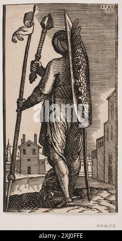 Gravure sur bois de Melchior Lorck représentant une escroquerie vue de derrière, montrant la posture, les vêtements et la figure dans un contexte du XVIe siècle. Banque D'Images