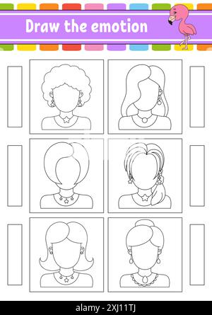 Dessinez l'émotion. Feuille de travail complétez la face. Livre de coloriage pour enfants. Caractère joyeux. Illustration vectorielle. Silhouette de contour noir. Vecteur illus Illustration de Vecteur