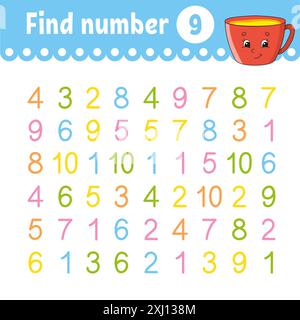 Rechercher un numéro. Feuille de travail de développement de l'éducation. Page d'activité avec photos. Jeu pour enfants. Drôle de personnage. style dessin animé. Illustration vectorielle. Illustration de Vecteur