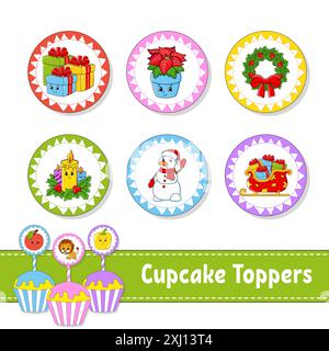 Garnitures pour cupcakes. Ensemble de six photos rondes. personnages de dessins animés. Image mignonne. Pour l'anniversaire, baby shower. Isolé sur fond blanc. Illustration vectorielle Illustration de Vecteur