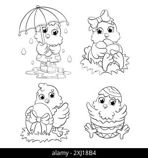 Ensemble de poulets de Pâques mignons. Page de livre de coloriage pour les enfants. Drôles d'oiseaux. Personnage de style dessin animé. Illustration vectorielle isolée sur fond blanc. Illustration de Vecteur