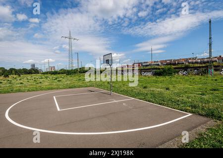 Terrain de basket-ball au Pionierpark dans le quartier Raderberg de Cologne, Allemagne. Le parc est une solution provisoire. Parkstadt Sued doit être construit ici Banque D'Images