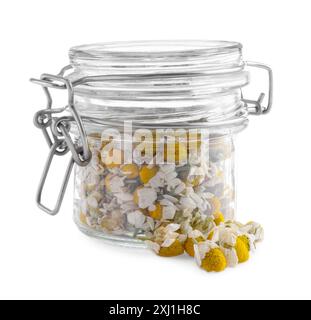 Fleurs de camomille dans un pot en verre isolé sur blanc Banque D'Images