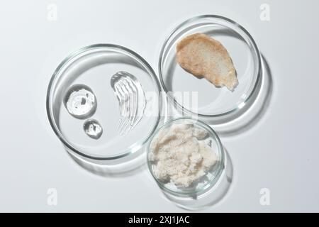 Boîtes de Petri avec différents produits cosmétiques sur fond blanc, pose à plat Banque D'Images