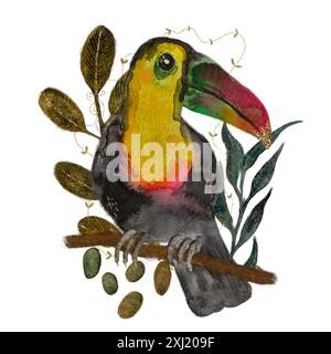 Un toucan sur une branche entourée de feuilles tropicales dans un style aquarelle vibrant, avec un art coloré et détaillé Banque D'Images