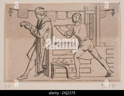 Gravure sur bois représentant Johannes Gutenberg au travail dans son atelier par Flinch et Helsted, montrant la presse, le papier et les détails de l'atelier. Banque D'Images