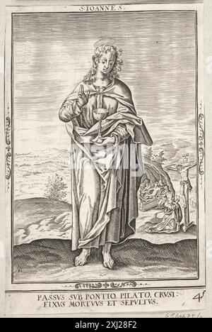 Gravure sur cuivre de Nicolaes de Bruyn représentant Saint Jean, montrant le saint, les attributs symboliques et les éléments de composition. Banque D'Images