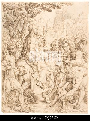Un dessin de Maarten van Heemskerck représentant le Christ entrant à Jérusalem, soulignant la foule, les gestes et les aspects cérémoniels de l'événement. Banque D'Images