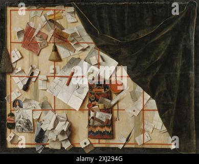 Trompe l'oeil d'un porte-lettres avec Christian V's Proclamation Gijsbrechts, Cornelius Norbertus 1625 - 1675 peinture illusions peintes : l'art de Cornelius Gijsbrechts, Olaf Koester, AFB. p.7 (farve), omt. p.16, omt. p. 21, conf. p.23 (farve) kat.no.3, omt. p.57, 2000-432, 2000. Tromperies et illusions : cinq siècles de trompe l'oeil, Sybille Ebert-Schifferer, OMT. kat.nr. 35, p. 188, conf. p. 189, 2002-573, 2002. Cornelius Norbertus Gijsbrechts og Franciskus Gijsbrechts, Poul Gammelbo, fort. 27, 23796, 1956. Peinture néerlandaise de natures mortes du XVIe au XVIIIe siècle en col danois Banque D'Images