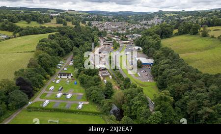 Vue aérienne du Jedburgh Camping and Caravanning Club site, Jedburgh, Écosse. Banque D'Images