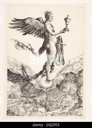 Gravure sur cuivre d'Albrecht Dürer représentant Némésis, la déesse de la rétribution, avec des éléments symboliques détaillés et un style artistique Renaissance. Banque D'Images