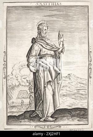 Gravure sur cuivre de Nicolaes de Bruyn représentant Saint Matthias, montrant la figure, les attributs, les symboles religieux et l'imagerie de dévotion du XVIIe siècle. Banque D'Images