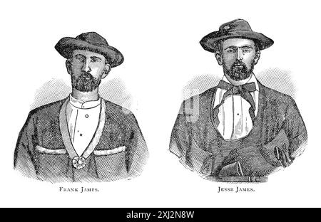 Gravure des frères Frank James et Jesse James - Western Outlaws, années 1800 Banque D'Images