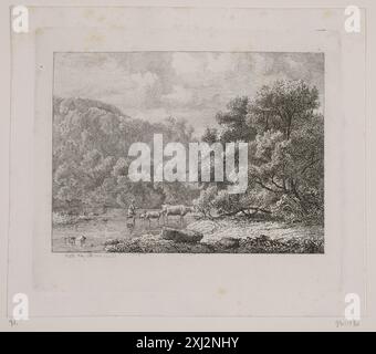 La gravure d'Hermann Carmiencke (1810-1867) représente une scène au bord de la rivière Meilde, montrant des gens rassemblés le long de la rivière dans un style artistique allemand du XIXe siècle. Banque D'Images