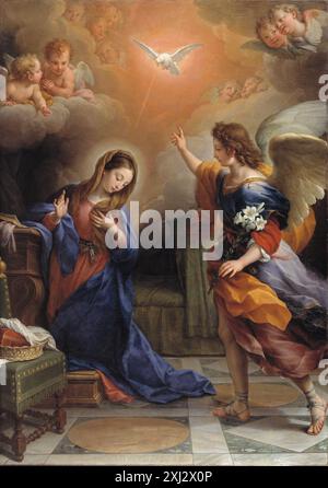 Tableau d'Agostino Masucci représentant l'Annonciation, montrant l'ange Gabriel, la Vierge Marie, des éléments architecturaux et une composition symbolique dans le baroque italien du XVIIIe siècle Banque D'Images