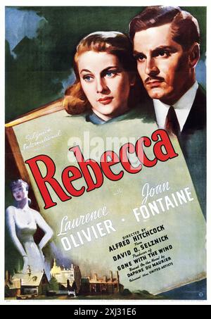 Rebecca, Alfred Hitchcock. Affiche de film pour 'Rebecca' d'Alfred Hitchcock avec Laurence Olivier et Joan Fontaine, 1939 Banque D'Images