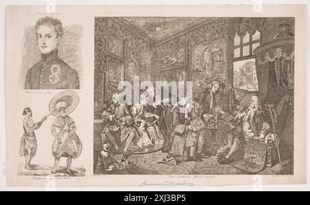 Feuille avec trois représentations : 'le givermaal moderne' d'après Hogarth, portrait de Frants Napoléon et 'le plus haut prêtre des hindous Lillienberg, Andreas 1804 - 1846, Hogarth, William 1697 - 1764 gravure, impression Blad Med tre fremstillinger : 'Det moderne Givtermaal' efter Hogarth, Portræt af Frants Napoleon og 'Hinduernes ypperste præst Banque D'Images