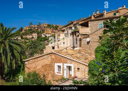 Superbe paysage urbain du petit village côtier de Deia à Majorque, Espagne. Maisons traditionnelles mitoyennes sur des collines entourées d'arbres verdoyants. Touriste de Banque D'Images