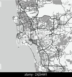 Carte de San Diego en Californie en niveaux de gris. Contient un vecteur en couches avec routes eau, parcs, etc Illustration de Vecteur