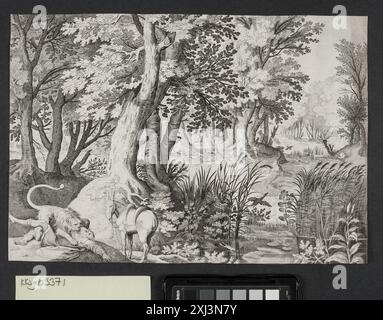 Gravure sur cuivre de Nicolaes de Bruyn, Jacob Savery et Claes Jansz. Visscher représentant un prophète désobéissant consommé par un lion, faisant partie des collections d'estampes néerlandaises et flamandes de 1450 à 1700. Banque D'Images