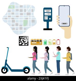 Un ensemble d'éléments sur le thème de la location de scooter. Plan de la ville, chargeur de scooter électrique, téléphone en main, carte bancaire, batterie et niveau de charge de la batterie de ma Illustration de Vecteur